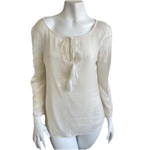 Tory Burch Silk Peasant Blouse Top Embroidered Tassel Tie Front Size 6 Ivory
